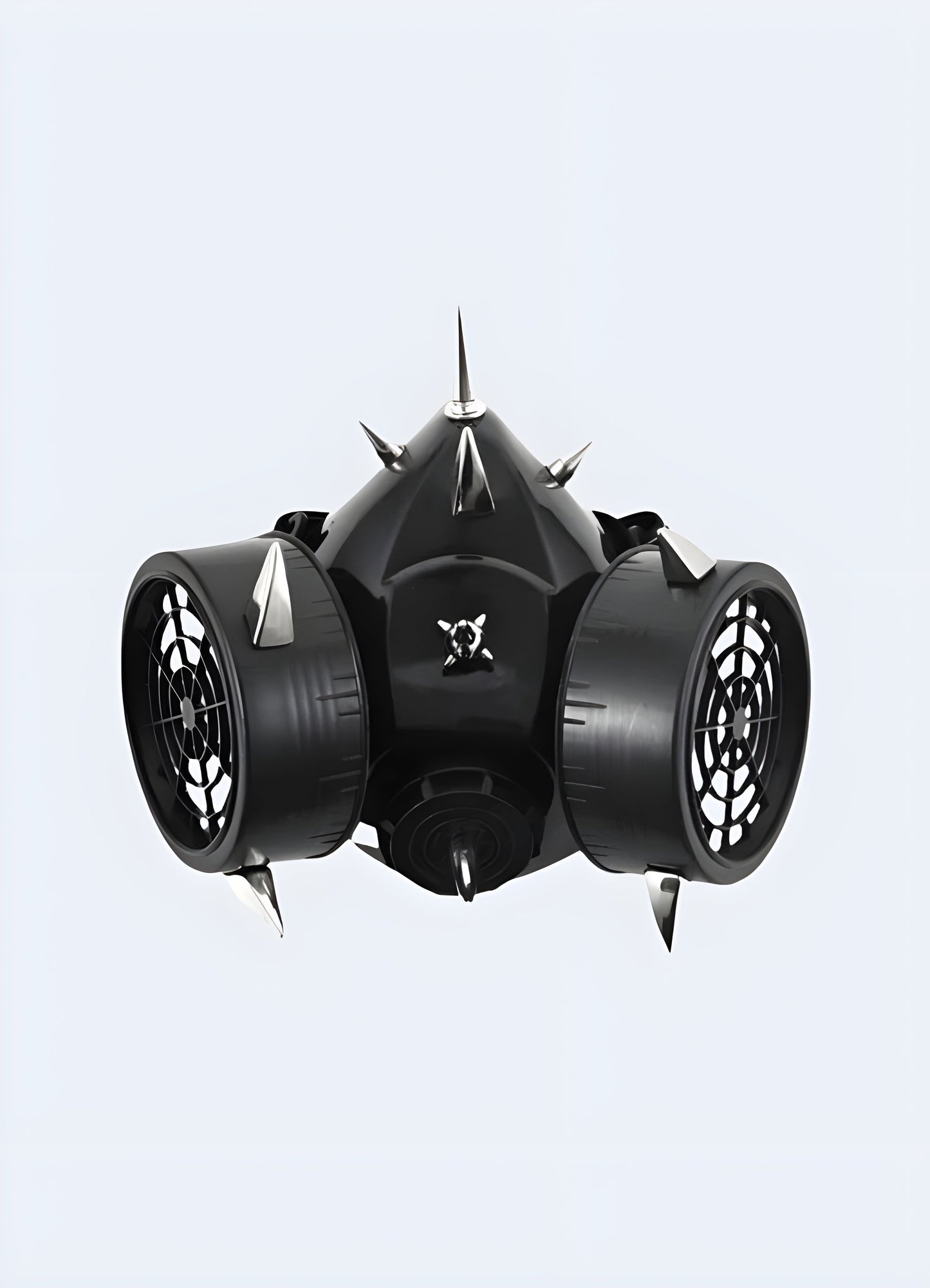 A detailed front view of a cyberpunk techwear gas mask, highlighting its advanced design and unique aesthetic, available in the UK.