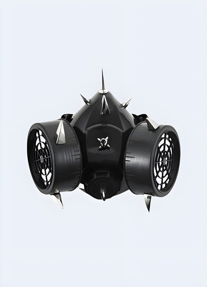 A detailed front view of a cyberpunk techwear gas mask, highlighting its advanced design and unique aesthetic, available in the UK.