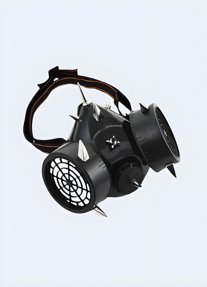 A detailed side view of a cyberpunk techwear gas mask, showcasing its intricate design and futuristic features, available in the UK.