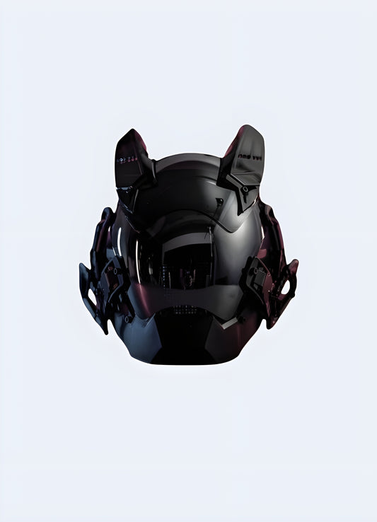 Cyberpunk techwear helmet with LED lights, showcasing futuristic design elements and high-tech features, popular in the UK.