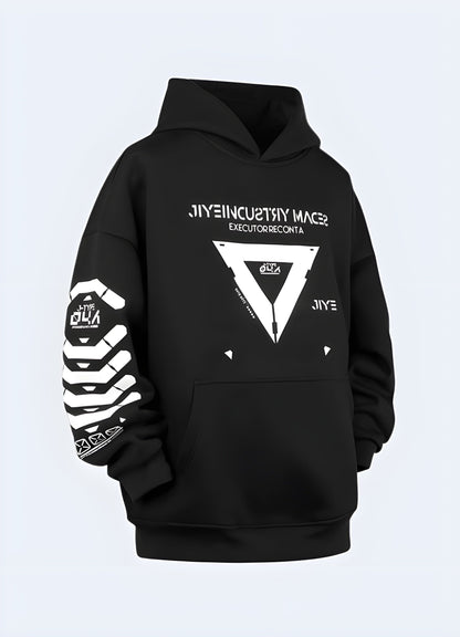 A stylish cyberpunk techwear hoodie for edgy urban fashion in the UK.