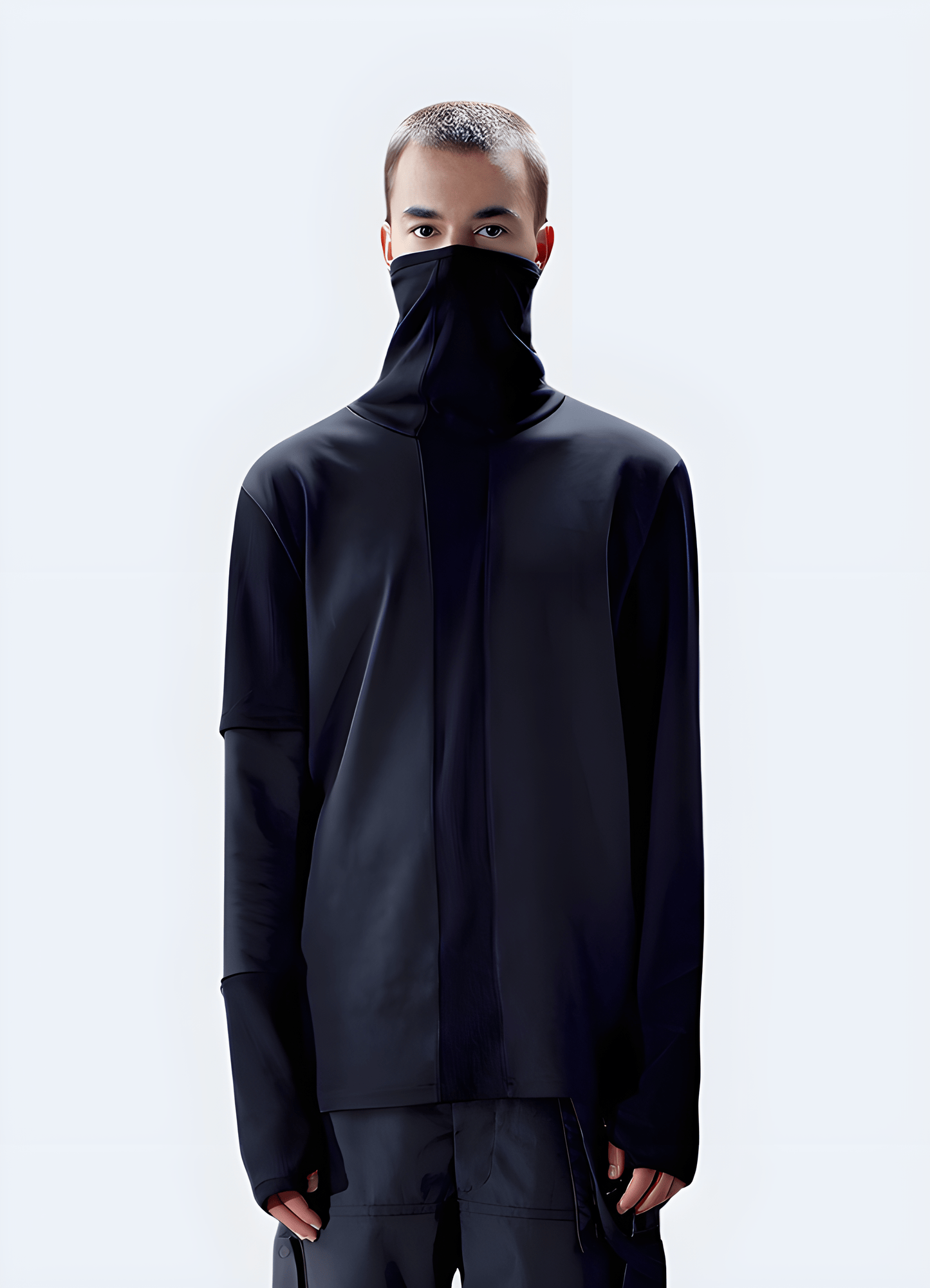 Futuristic black turtleneck top with neon green accents, front view, inspired by cyberpunk fashion, featuring a sleek, form-fitting design with a high collar and long sleeves for an edgy, modern look.