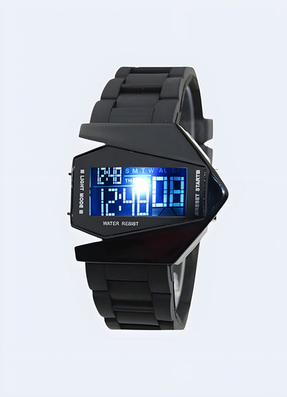 Cyberpunk watch in black, highlighting the sleek and futuristic design, front view in the UK.