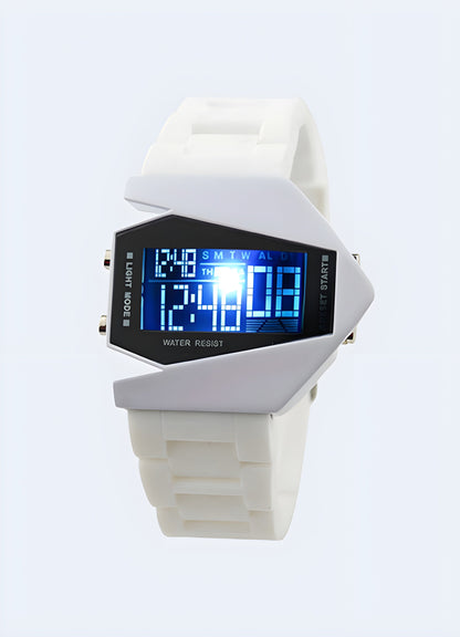 Cyberpunk watch in white, showcasing the stylish and modern design, front view in the UK.