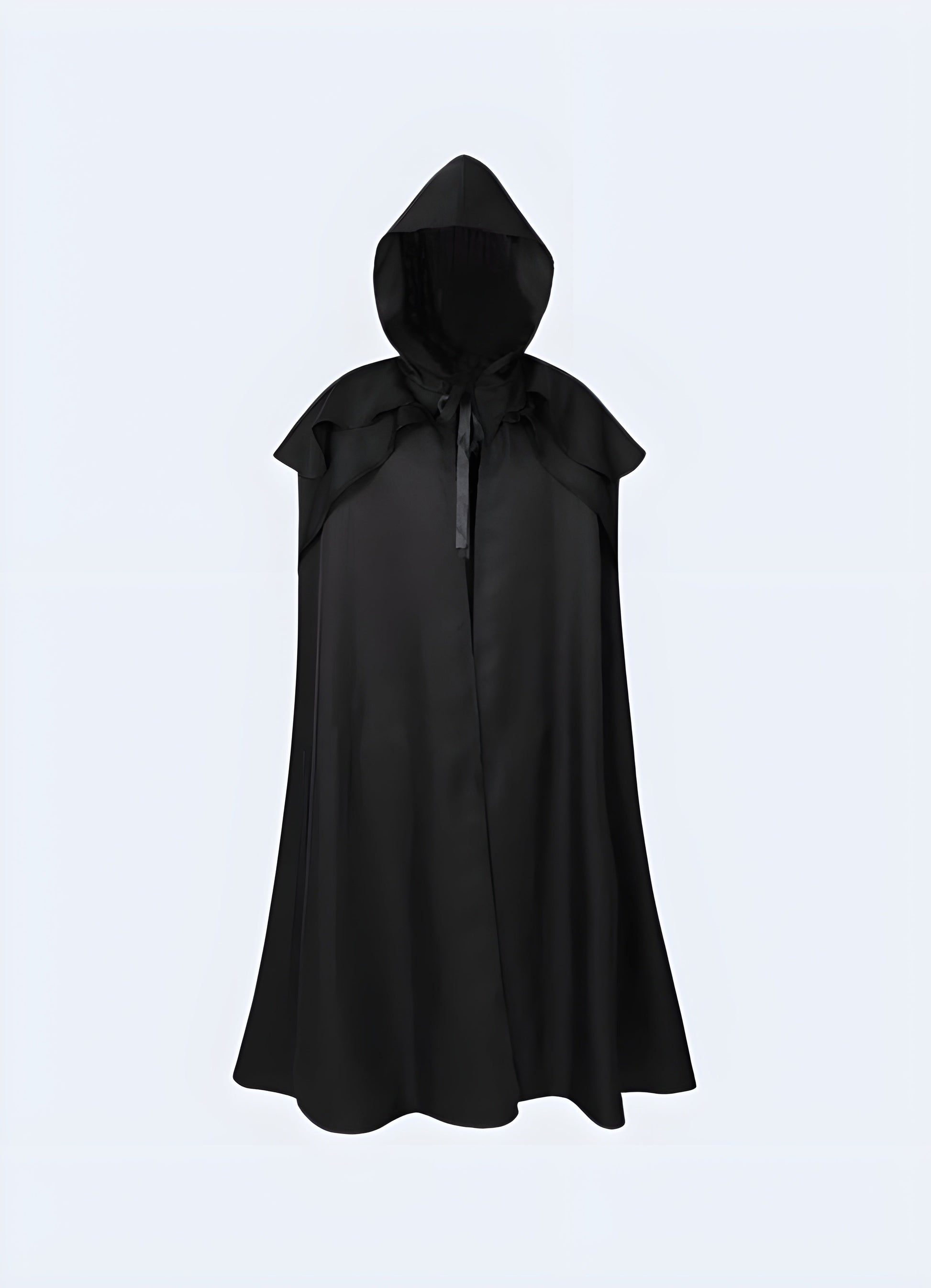 Model presenting the front view of a dark futuristic hooded cloak, showcasing its avant-garde design and versatile features, ideal for fashion-forward individuals who embrace a futuristic aesthetic.