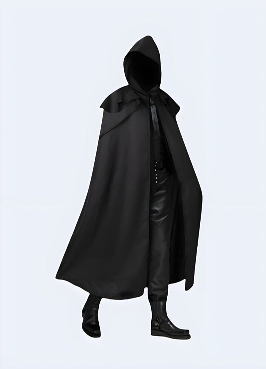 Edgy dark futuristic hooded cloak with a unique design, perfect for science fiction enthusiasts and avant-garde fashion lovers in the UK.