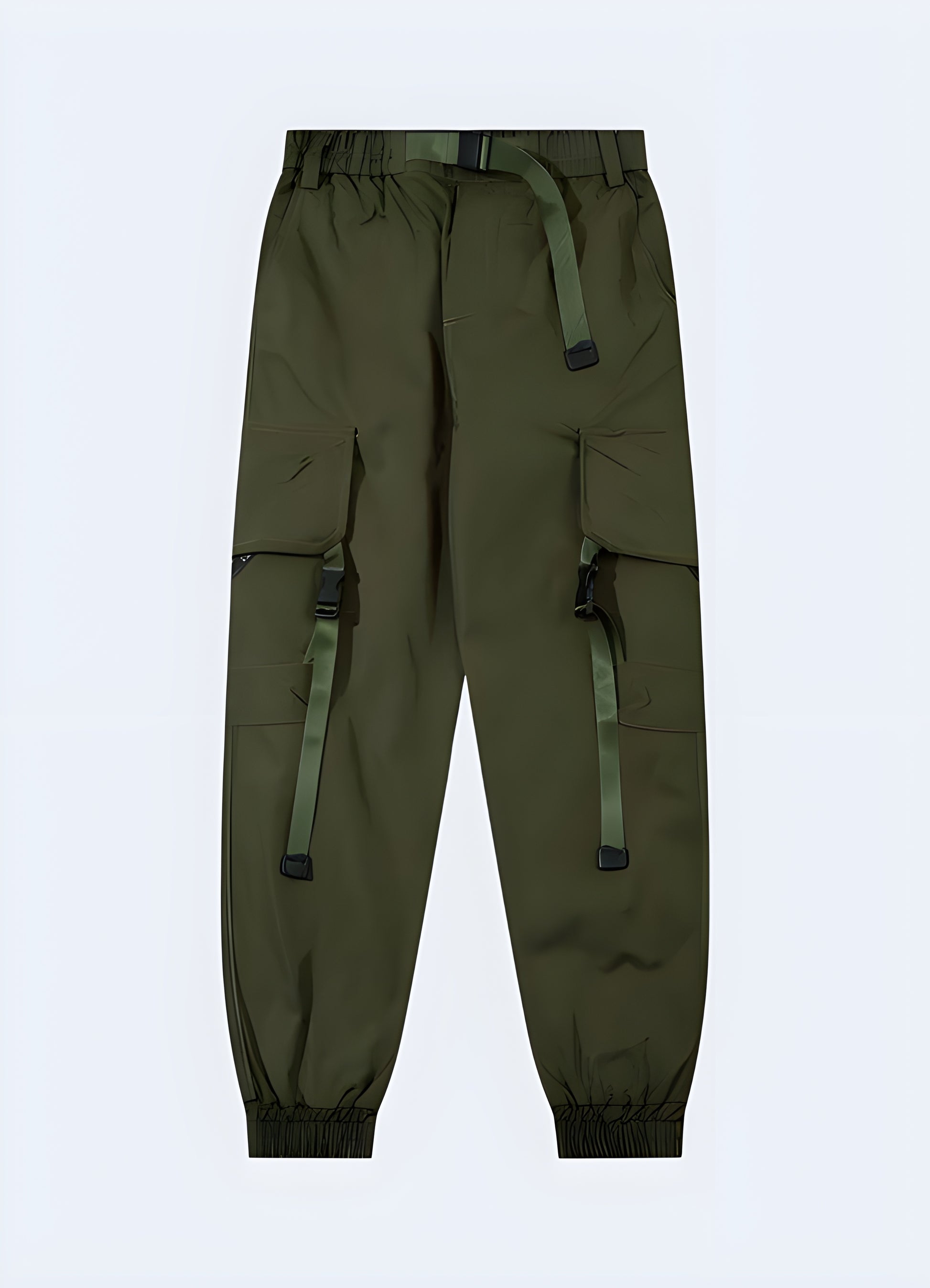 Front view of versatile dark green cargo pants, highlighting the timeless design and durable materials, a must-have for UK consumers seeking a stylish and utilitarian look.