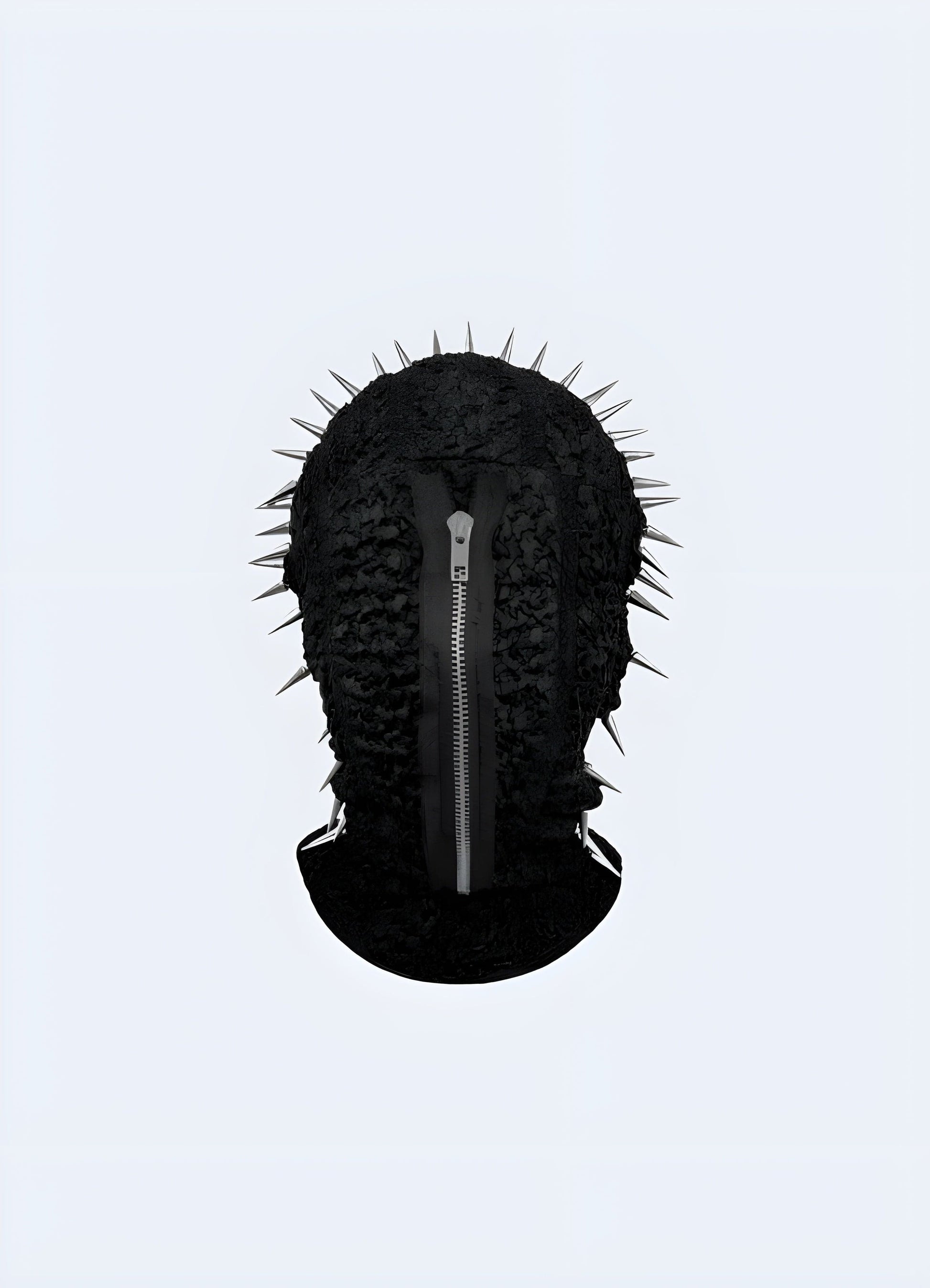 Edgy black spiked full face mask, gothic cyberpunk fashion accessory for alternative style enthusiasts.