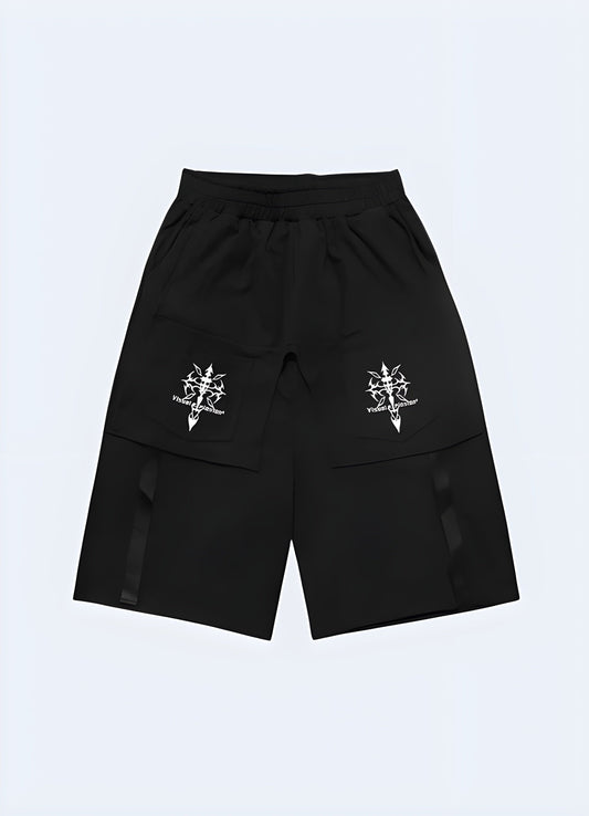 Trendy darkwear shorts for man, embracing the edgy and alternative fashion scene in the UK.