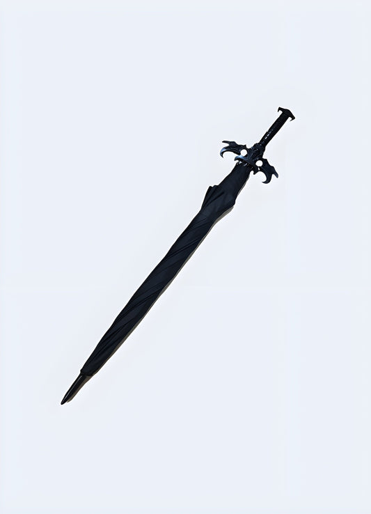 Close-up view of a Demon Slayer sword umbrella, showcasing its handle and intricate sword-like design.