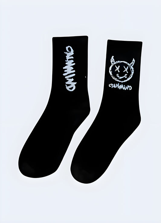 Demon-inspired socks with intricate and edgy designs, perfect for alternative fashion enthusiasts and those who appreciate dark aesthetics in the UK.