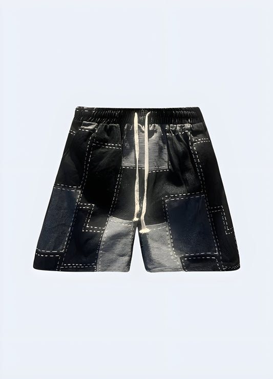 Unique denim patchwork shorts for man, combining vintage style and modern fashion in the UK.