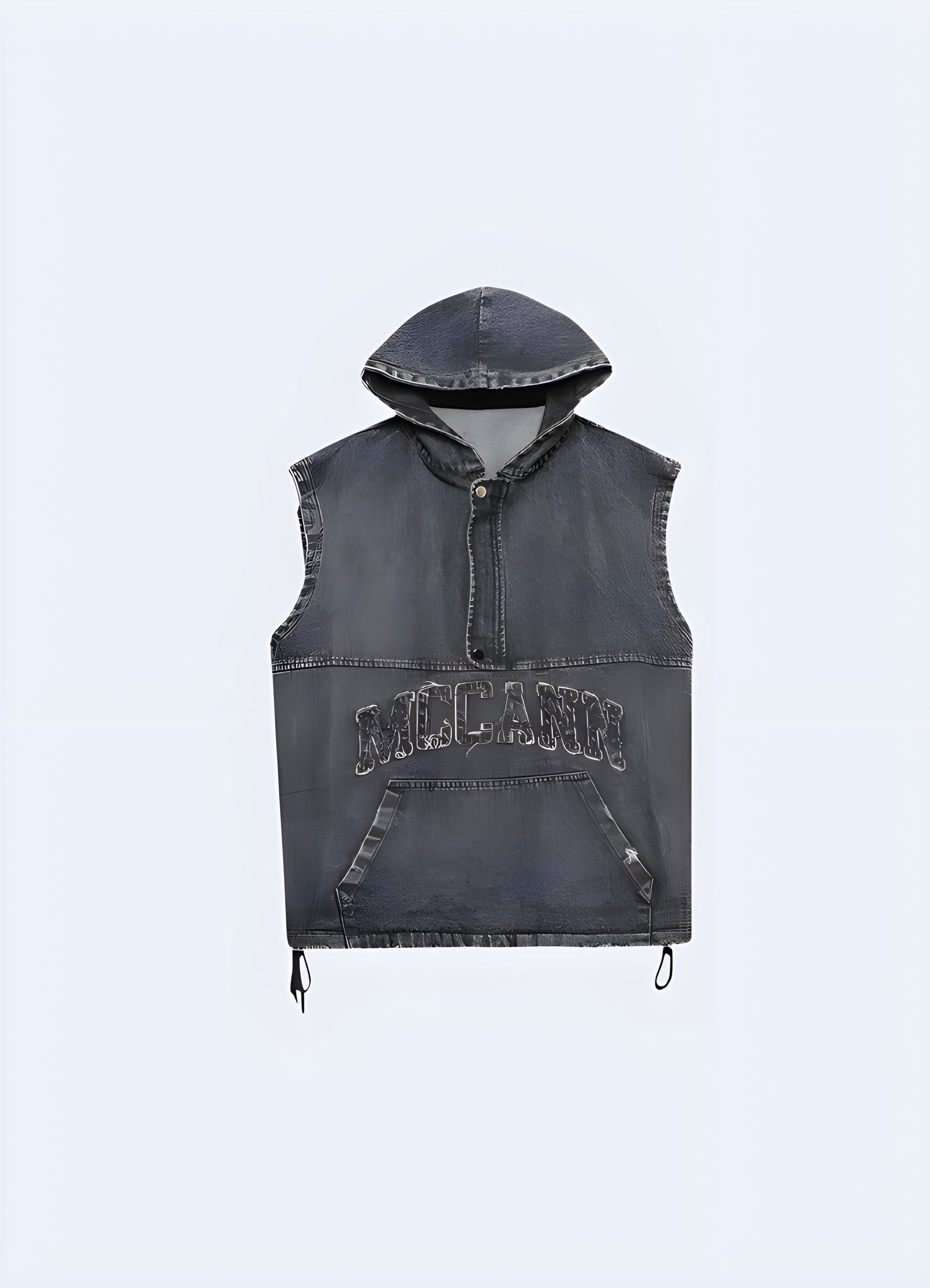 Front view of a sleek denim vest featuring an integrated hoodie, ideal for a versatile and trendy outfit in the UK.