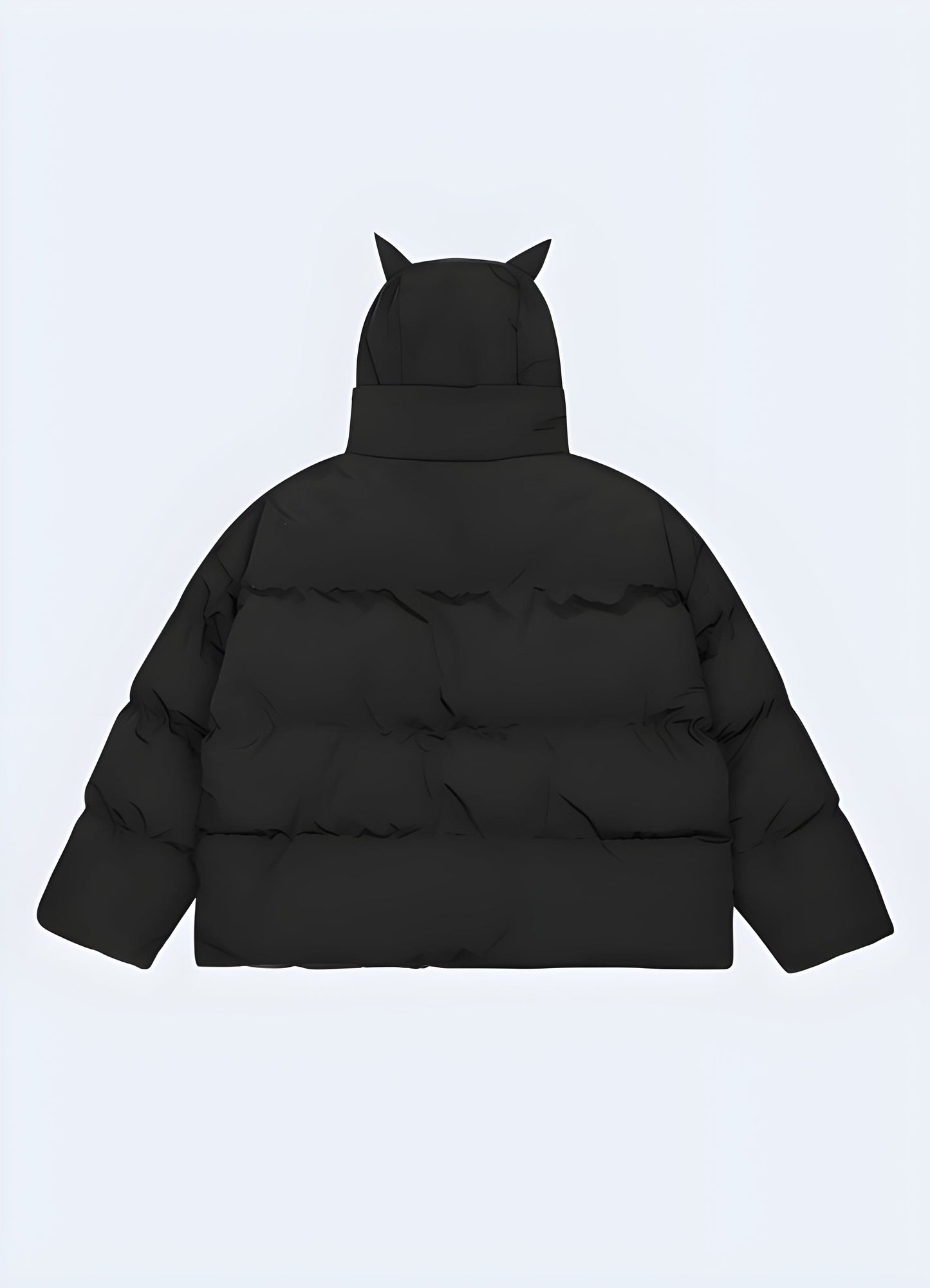 Back view of a devil horn jacket with a hood, emphasizing its unique horn-shaped hood, high-quality craftsmanship, and dark appeal, ideal for UK trendsetters and alternative fashion enthusiasts looking for a standout outerwear option.