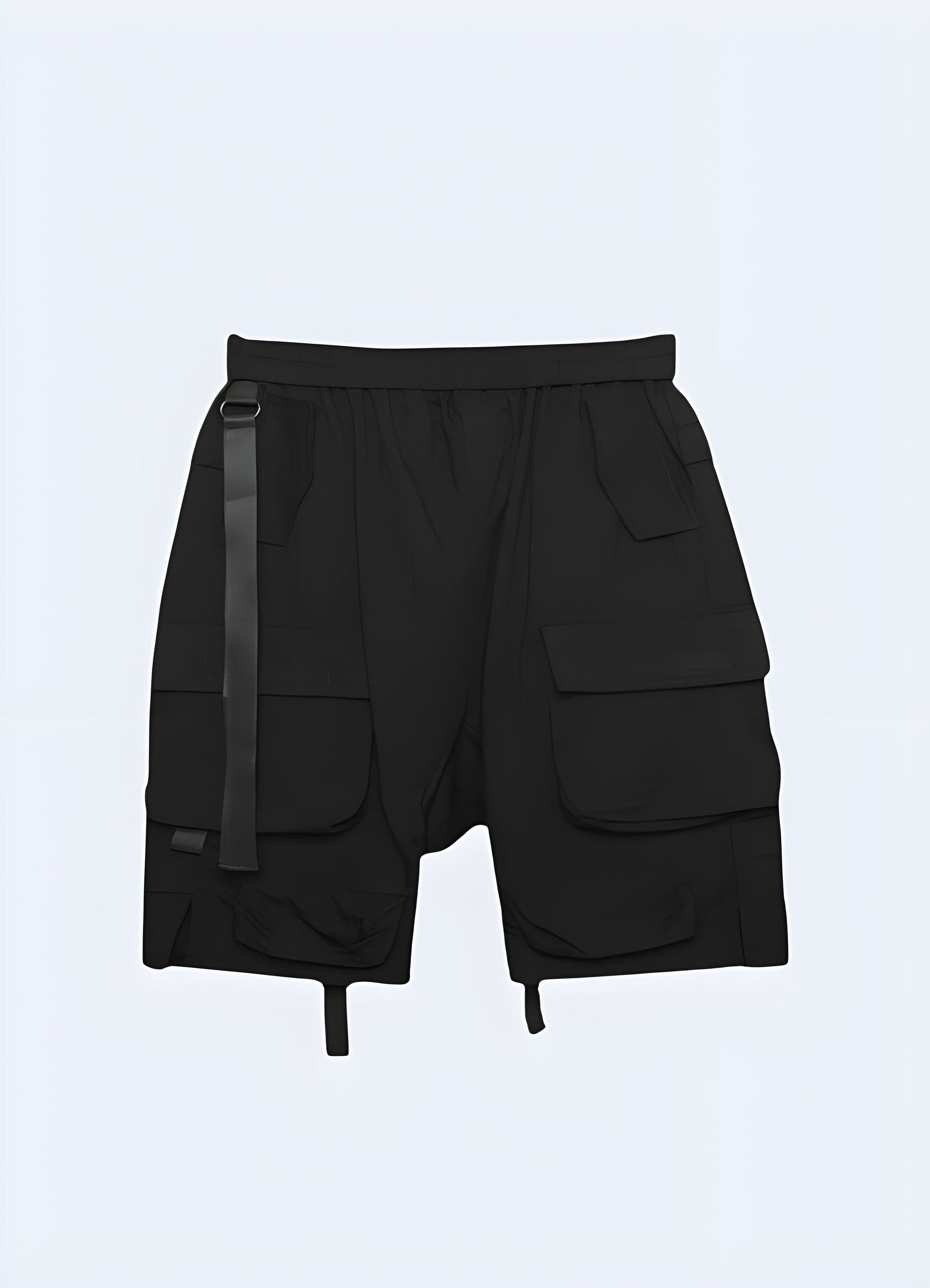 Trendy drop-crotch techwear shorts for men, featuring a relaxed fit and technical features, perfect for the UK urban fashion scene.