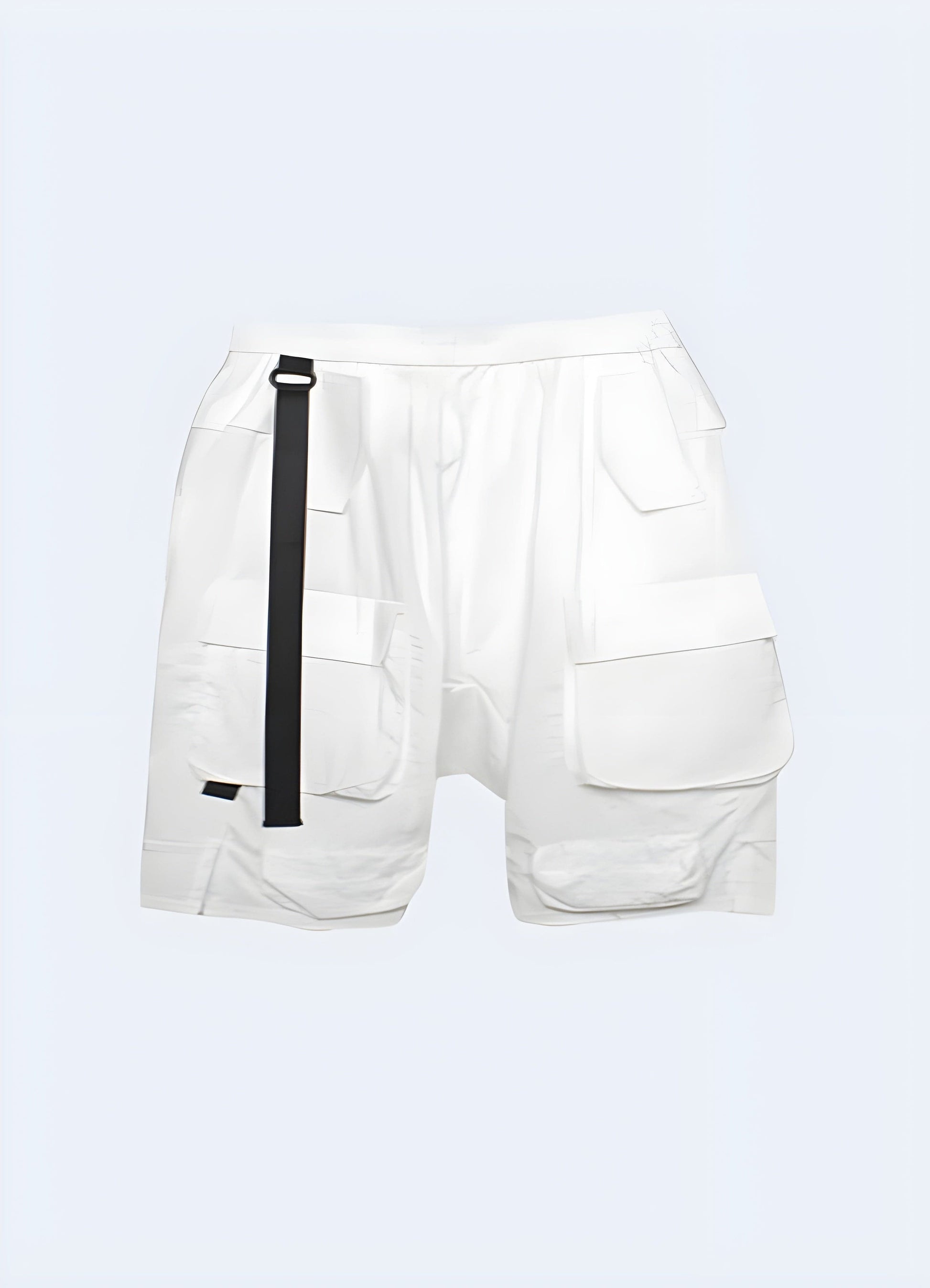 Close-up front view of sleek white drop crotch techwear shorts, featuring cutting-edge fabrics, precise tailoring, and a futuristic design that pushes the boundaries of conventional urban wear.