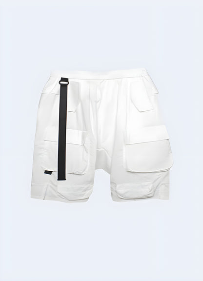 Close-up front view of sleek white drop crotch techwear shorts, featuring cutting-edge fabrics, precise tailoring, and a futuristic design that pushes the boundaries of conventional urban wear.