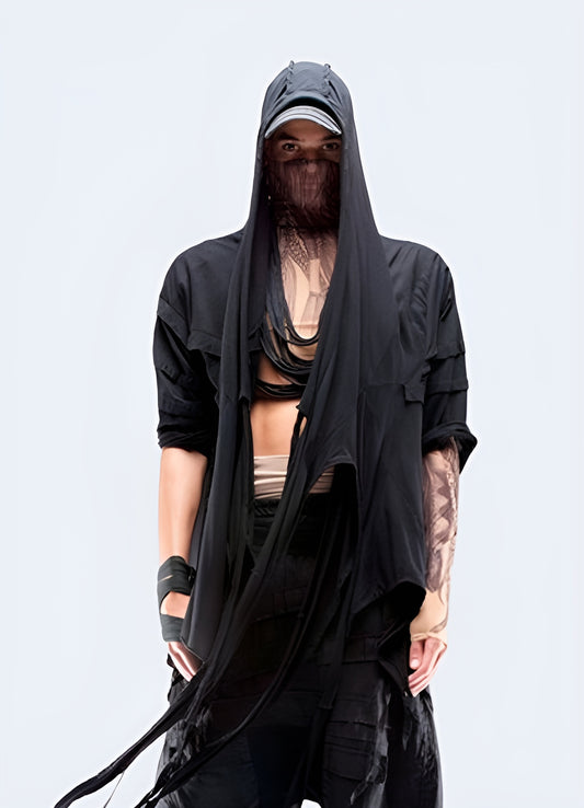 Edgy dystopian techwear cloak designed for urban exploration and post-apocalyptic fashion, perfect for those who appreciate dark and unconventional style in the UK.