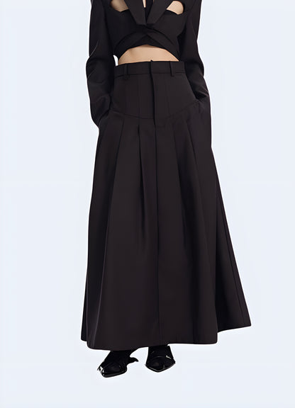 Elegant techwear skirt merging sophisticated style with advanced technical materials, perfect for fashion-forward individuals seeking a polished and modern look.