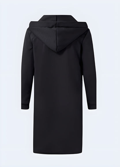 Back view of an elongated cyberpunk hooded cloak, highlighting its innovative construction and attention to detail, perfect for those who embrace a dystopian-inspired style in the UK.