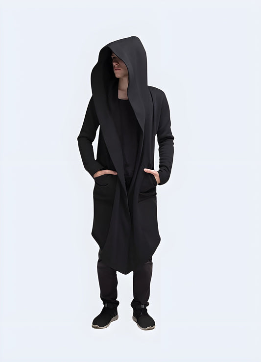 Striking elongated cyberpunk hooded cloak with a futuristic design, perfect for science fiction fans and avant-garde fashion enthusiasts in the UK.