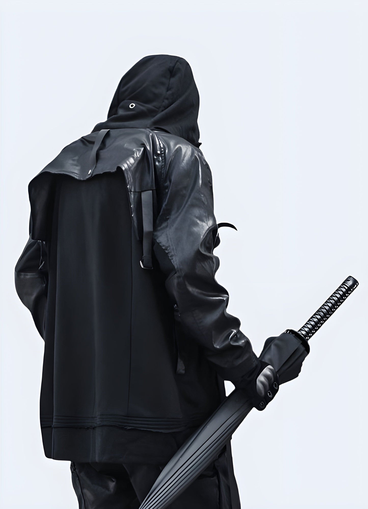 Back view of a faux leather techwear jacket, offering a cruelty-free and sustainable alternative without compromising on style and performance in the UK.