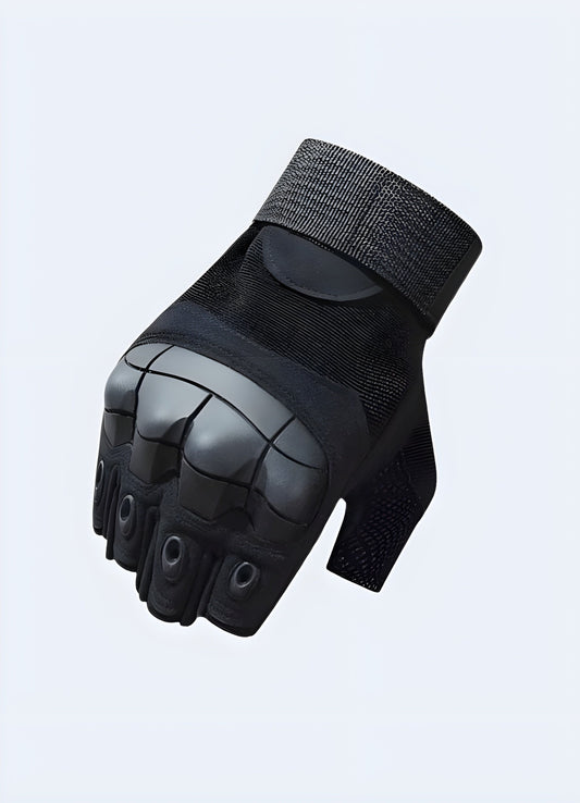 Front view of fingerless techwear gloves showcasing reinforced knuckles and padded palm for enhanced protection and grip.