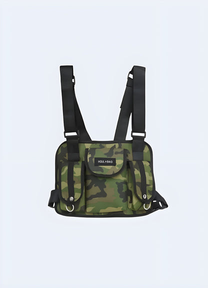 Front pack camo front view with model, UK. Trendy and versatile for outdoor use.