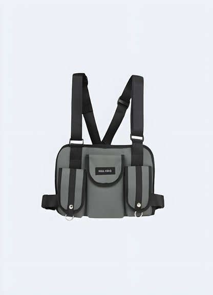 Front pack grey front view with model, UK. Modern and practical design.