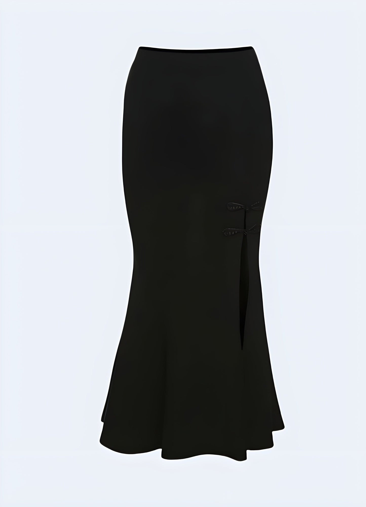 Flowing black long goth skirt with layered ruffles, front view, ideal for alternative fashion enthusiasts in the UK.