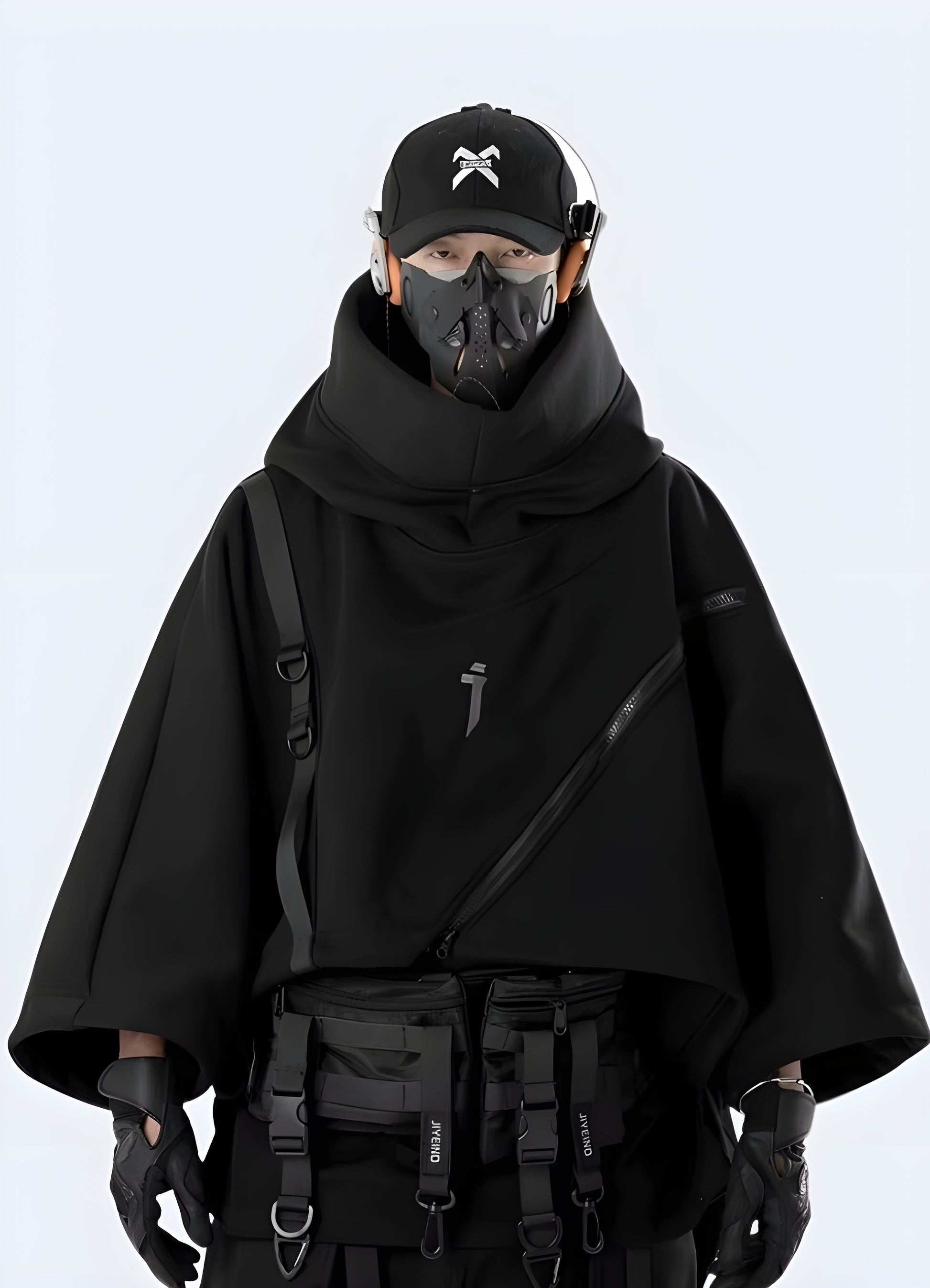 Black functional hoodie with multiple pockets and adjustable features, designed for practicality and style.