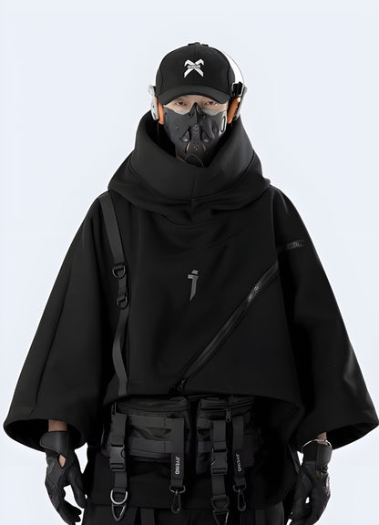 Black functional hoodie with multiple pockets and adjustable features, designed for practicality and style.