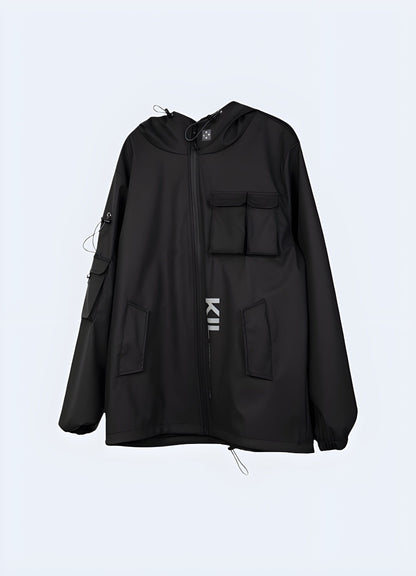 Front view of a techwear windbreaker with functional pockets, perfect for practical urban fashion in the UK.