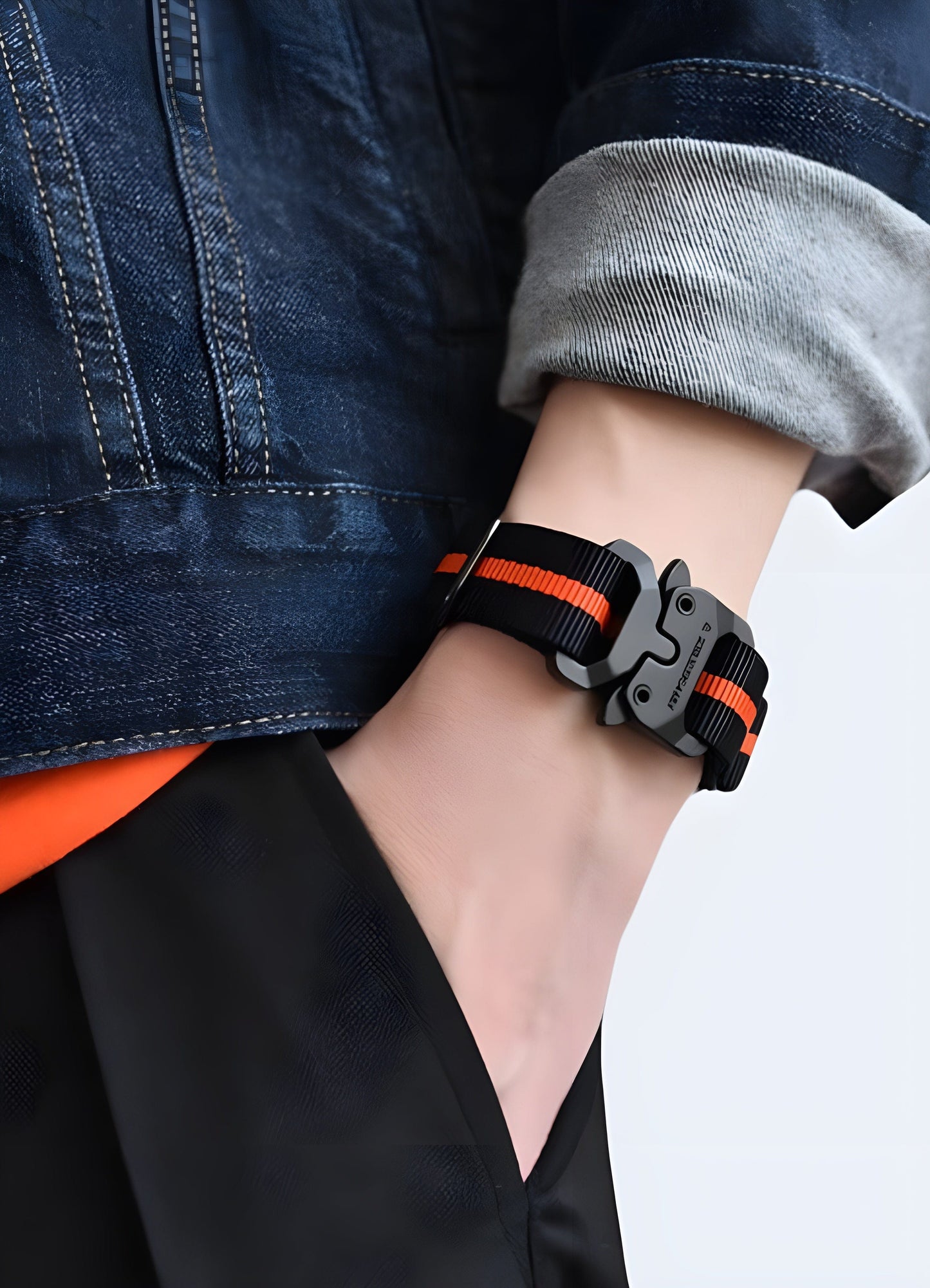 Front view of a functional techwear bracelet from the UK, showcasing its modern design and practical features.