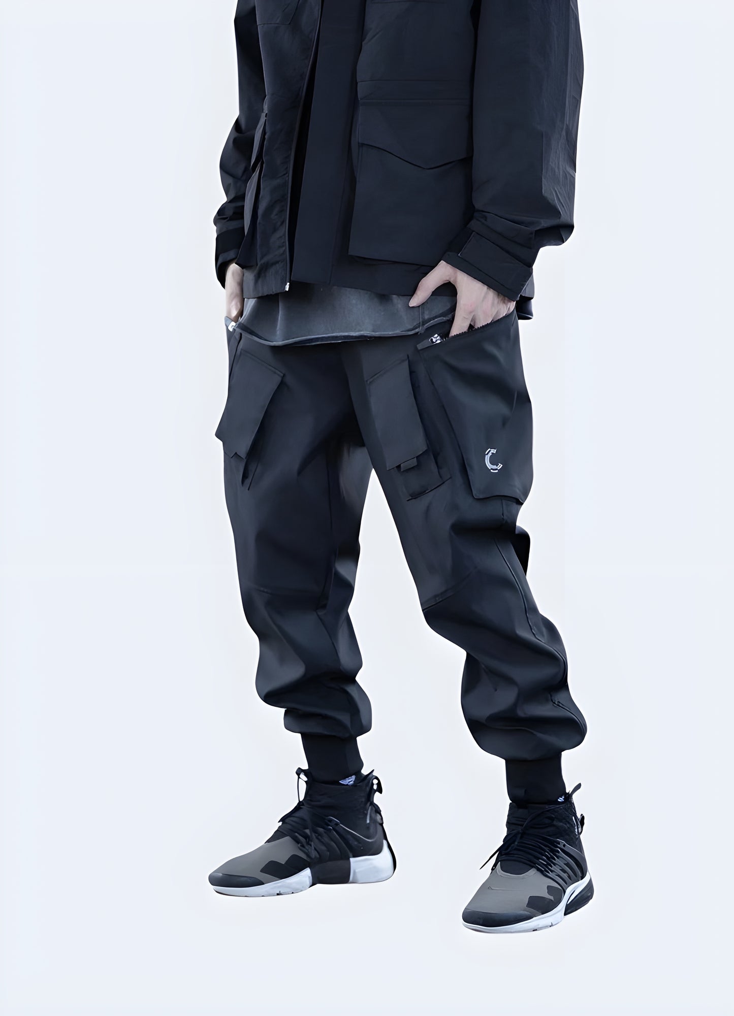 Futuristic cargo pants with multiple pockets and a modern, technical design.