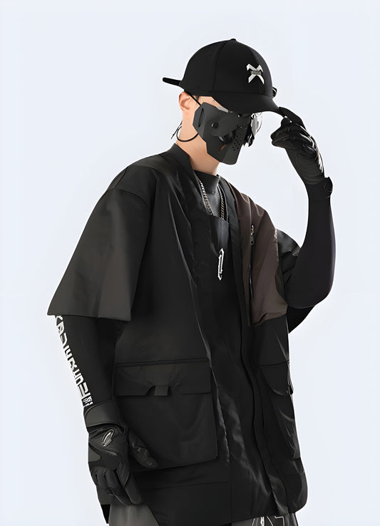 Cutting-edge futuristic kimono for men, featuring an avant-garde design and innovative materials, perfect for making a statement in the UK alternative fashion scene.