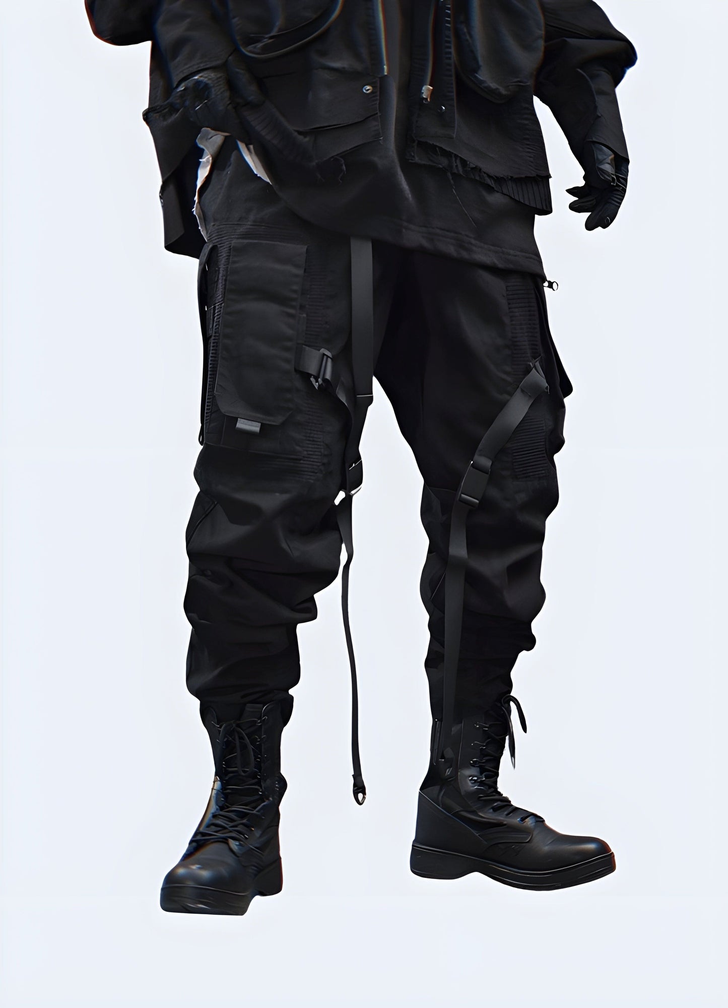 Front side view of a man wearing edgy futuristic pants, showcasing the garment's unique silhouette and modern aesthetics, perfect for fashion-forward individuals in the UK seeking a one-of-a-kind style.