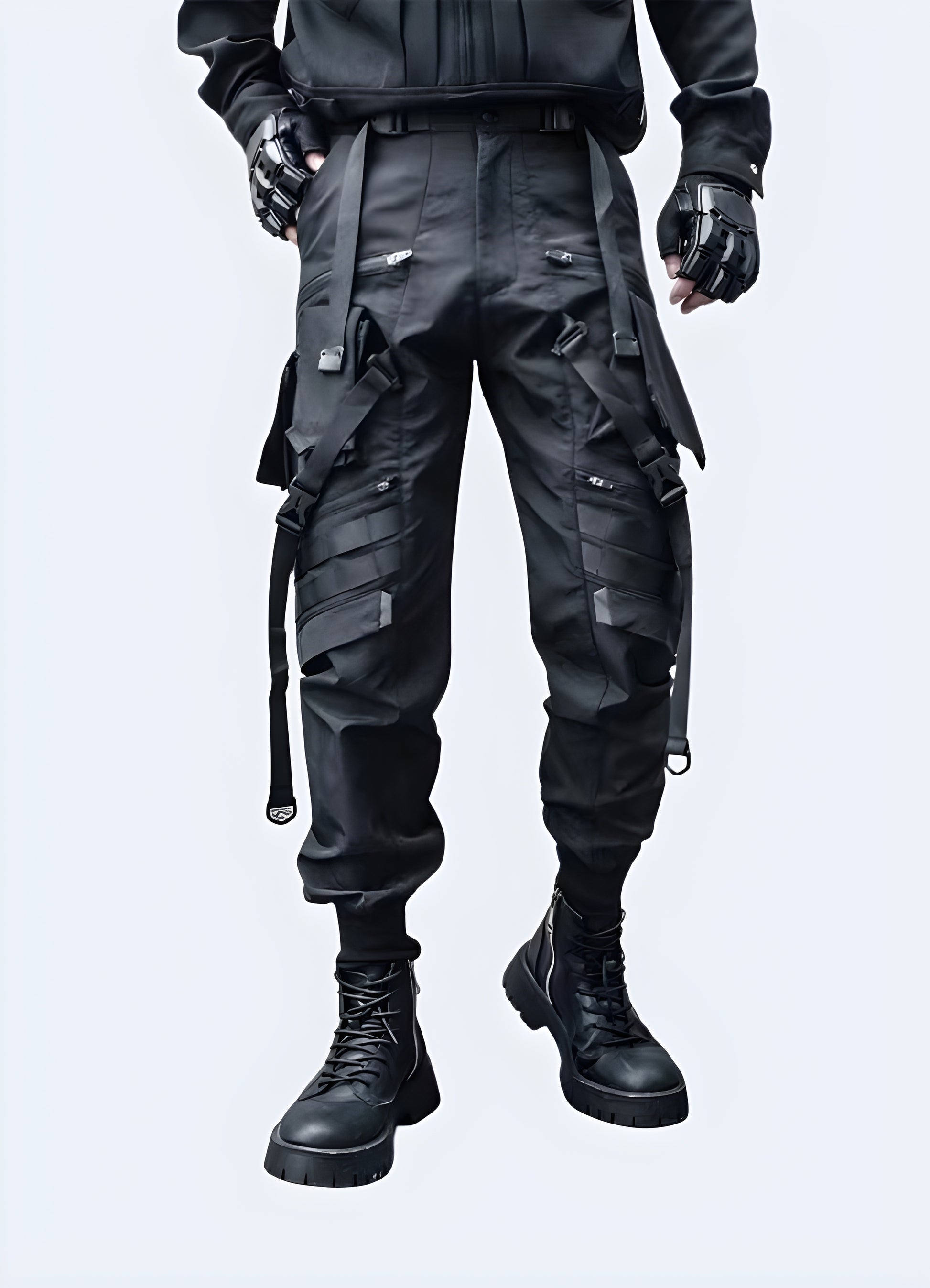 Front side view of a man wearing edgy futuristic pants, showcasing the garment's unique silhouette and modern aesthetics, perfect for fashion-forward individuals in the UK seeking a one-of-a-kind style.