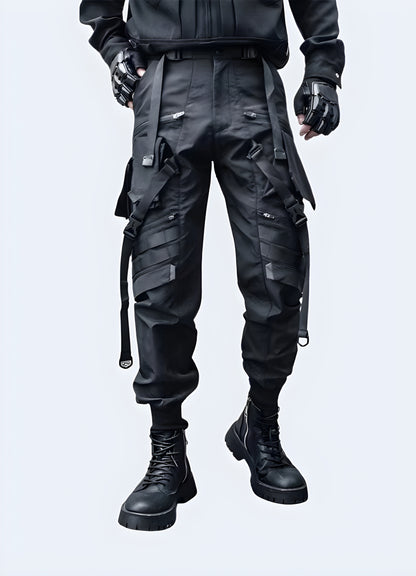 Front side view of a man wearing edgy futuristic pants, showcasing the garment's unique silhouette and modern aesthetics, perfect for fashion-forward individuals in the UK seeking a one-of-a-kind style.