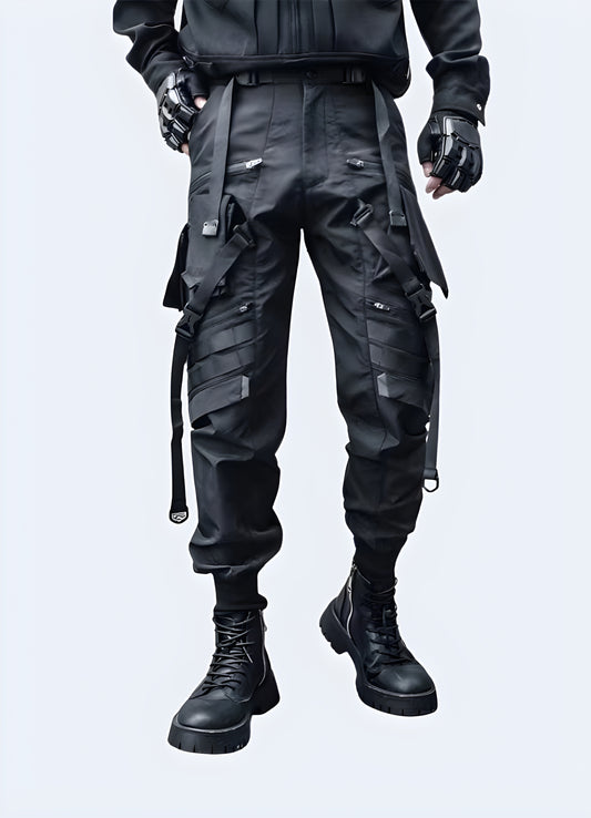 Front side view of a man wearing edgy futuristic pants, showcasing the garment's unique silhouette and modern aesthetics, perfect for fashion-forward individuals in the UK seeking a one-of-a-kind style.