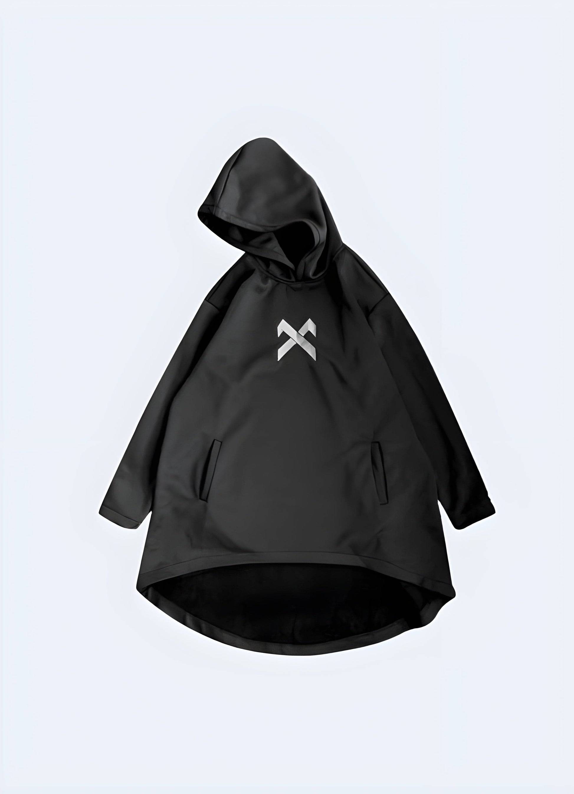 Front view of a futuristic poncho, highlighting the unique features and cutting-edge style, suitable for the UK tech-savvy fashion enthusiast.