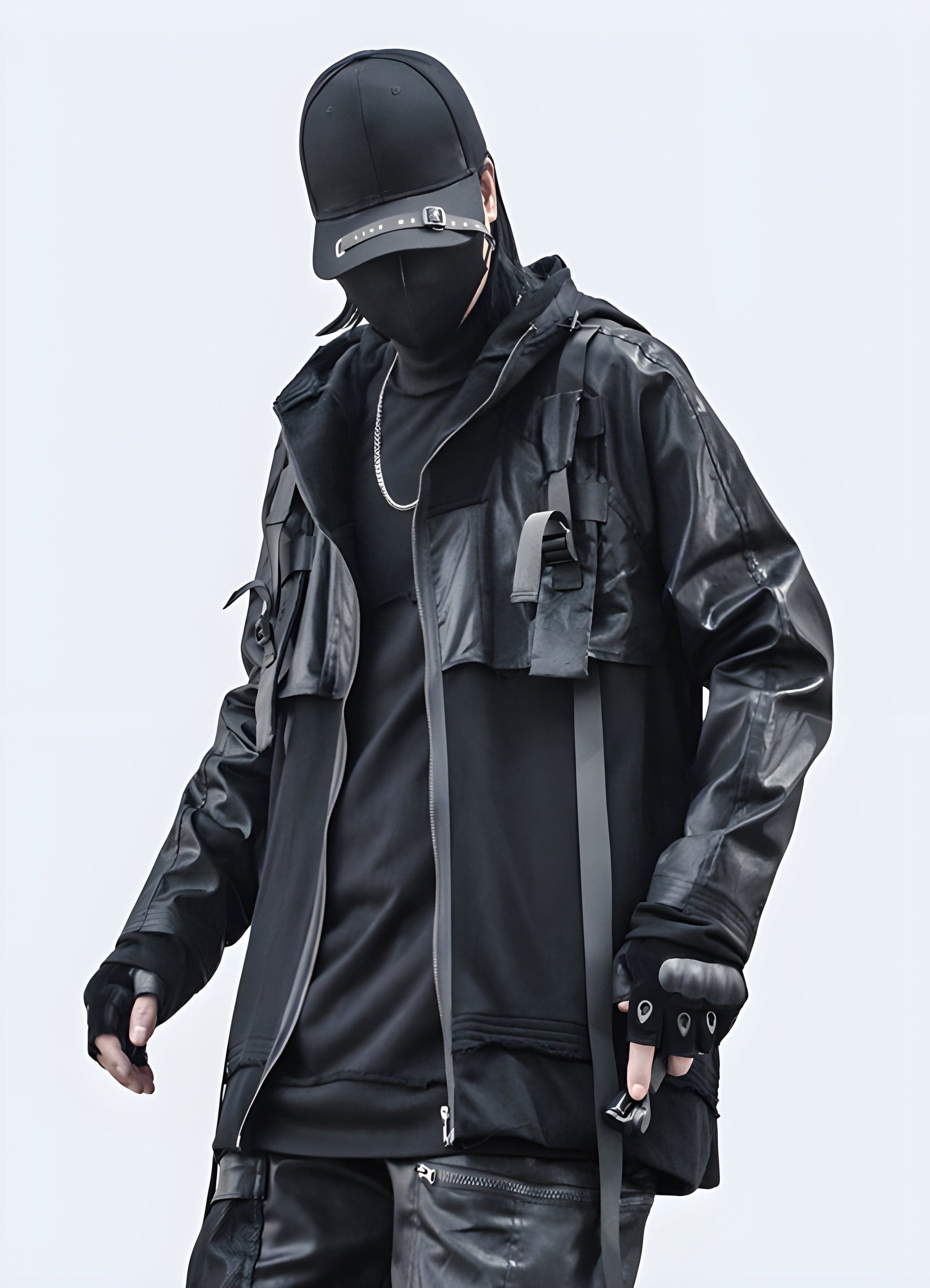 Side view of a futuristic techwear leather jacket, showcasing its sleek design and advanced features, perfect for UK's urban fashion scene.