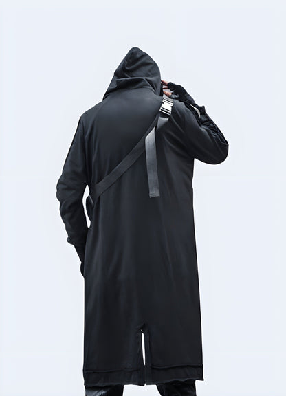 Back view of a futuristic techwear overcoat, emphasizing its cutting-edge aesthetics and advanced materials, perfect for UK's urban fashion scene.