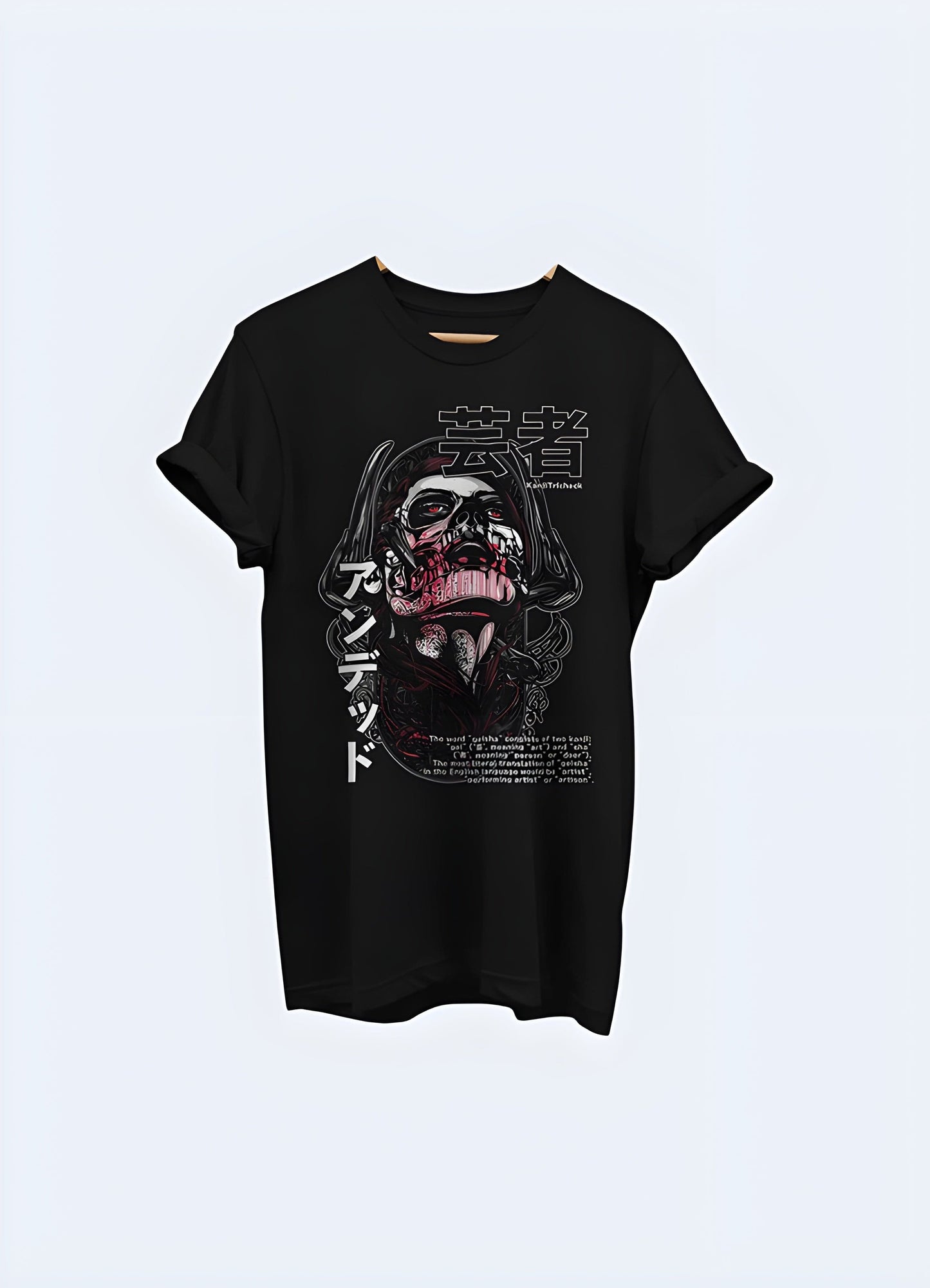 Unique t-shirt featuring an undead geisha, blending traditional Japanese beauty with a dark, edgy twist, perfect for alternative fashion enthusiasts in the UK.