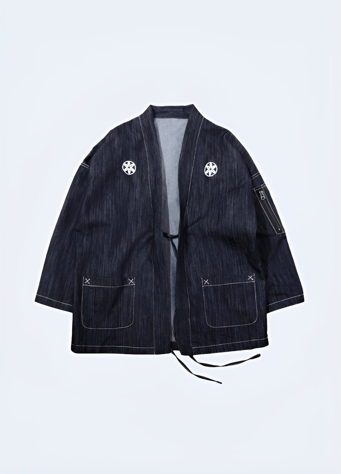 Front view of a gender-neutral Japanese blazer, highlighting its versatility and modern appeal, suitable for the UK's diverse fashion landscape.