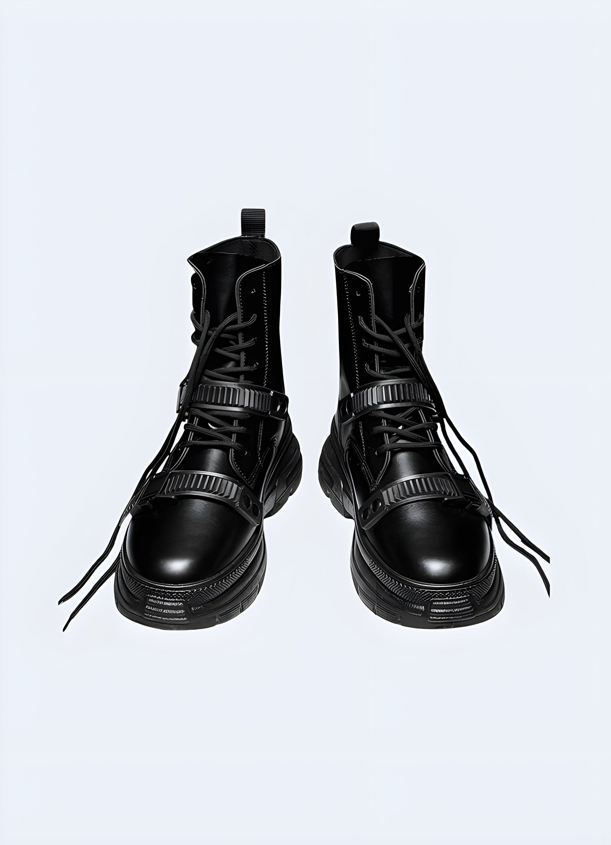 Front view of goth techwear boots, highlighting the gothic-inspired details, modern silhouette, and innovative materials suitable for fashion-forward individuals.