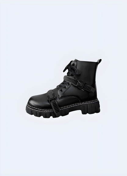 Goth techwear boots combining dark aesthetics with advanced technical features, perfect for those seeking a bold and edgy style with functionality.