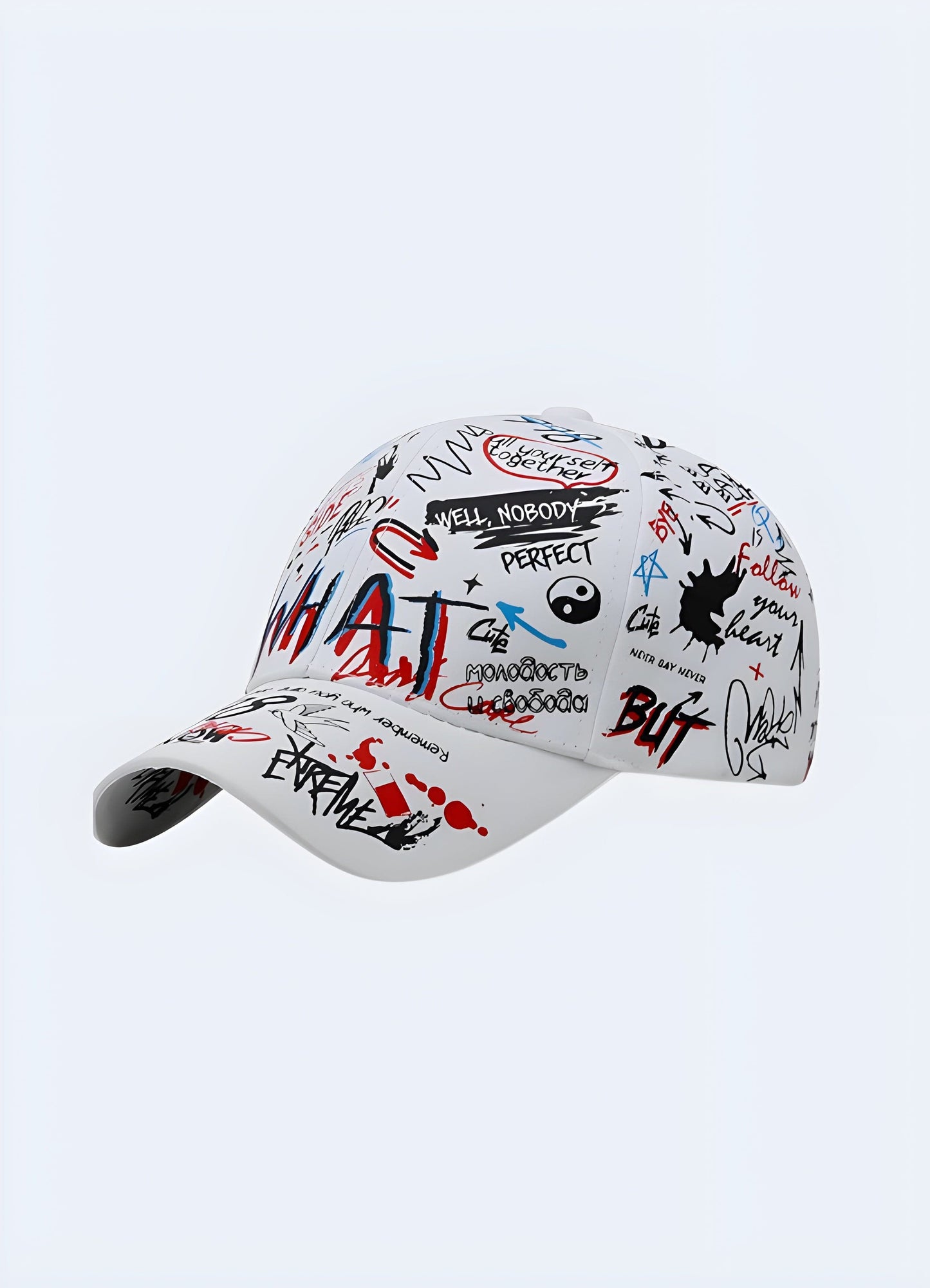 Immerse yourself in the world of graffiti with the hat's intricate, colorful print.