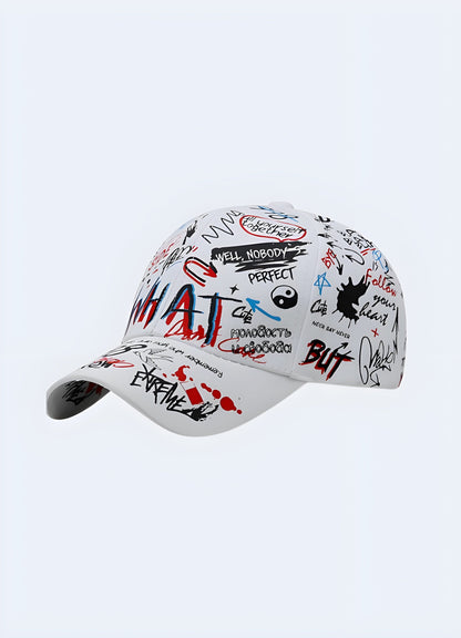 Immerse yourself in the world of graffiti with the hat's intricate, colorful print.