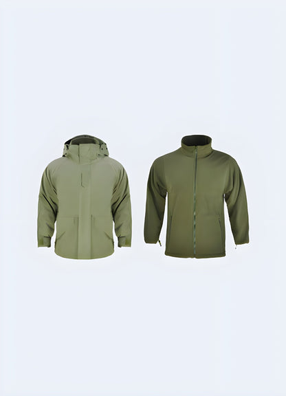 Front and back side view of a green techwear gorpcore rain jacket, highlighting its nature-inspired color, technical materials, and ergonomic design, ideal for UK outdoor enthusiasts looking for a fashionable and high-performance rain jacket.